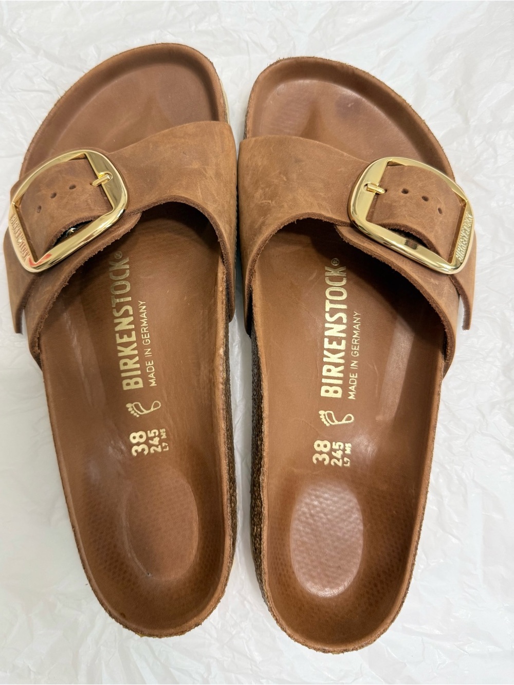 Birkenstock Cognac Oiled Leather Sandals with Gold Buckles size 38 Regular Width
